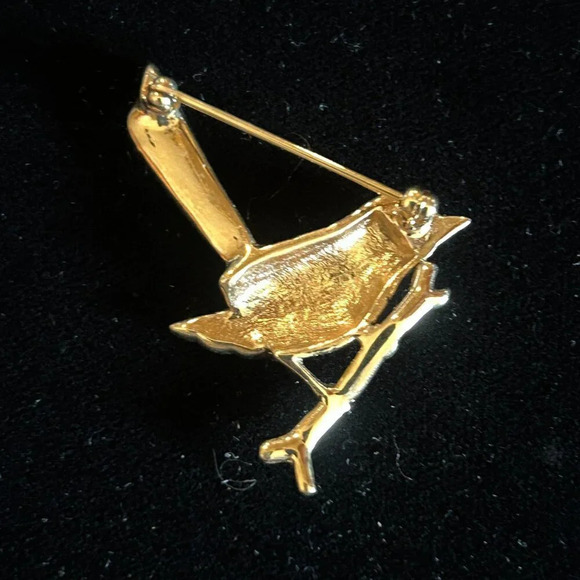 Vintage Gold and Rhinestone With Blue Green Enamel Bird Sparrow on a Branch - Picture 5 of 5
